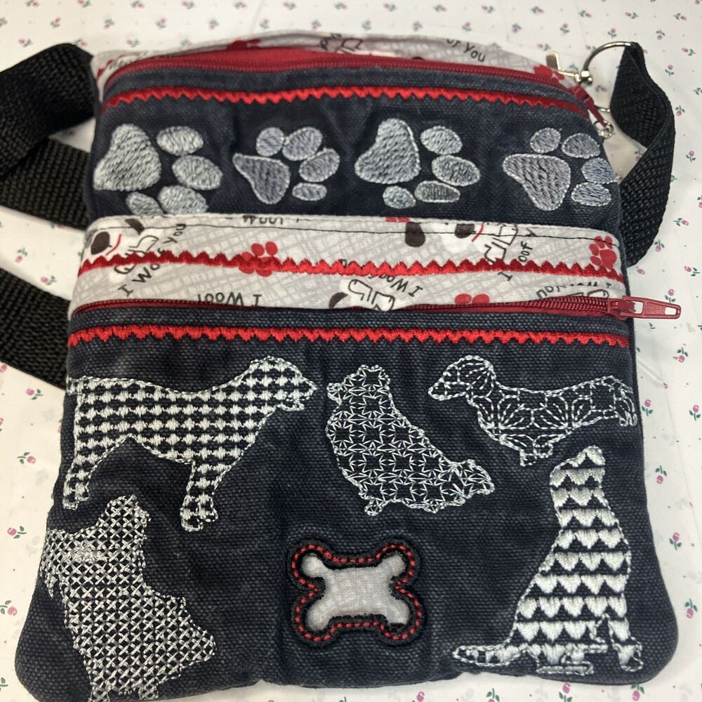 Mini Crossbody Bag Dog Themed 3 Pocket Adjustable Strap 6”x7.5”